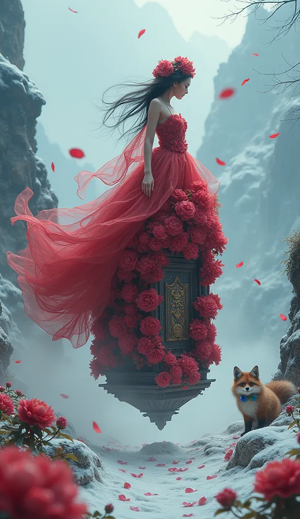 woman made of red peony flowers  ,   he dances on top of a mysterious ancient and strange coffin,, forest snow background ， it s...