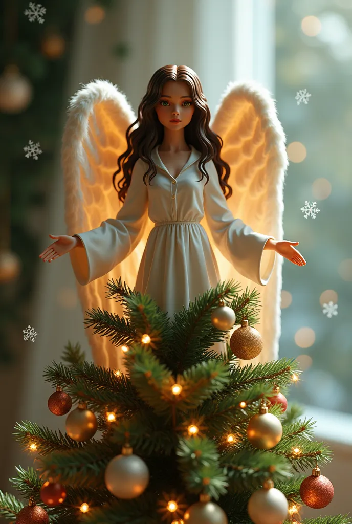 christmas toy tree(an angel, in white long blouse, dark brown hair and green eyes