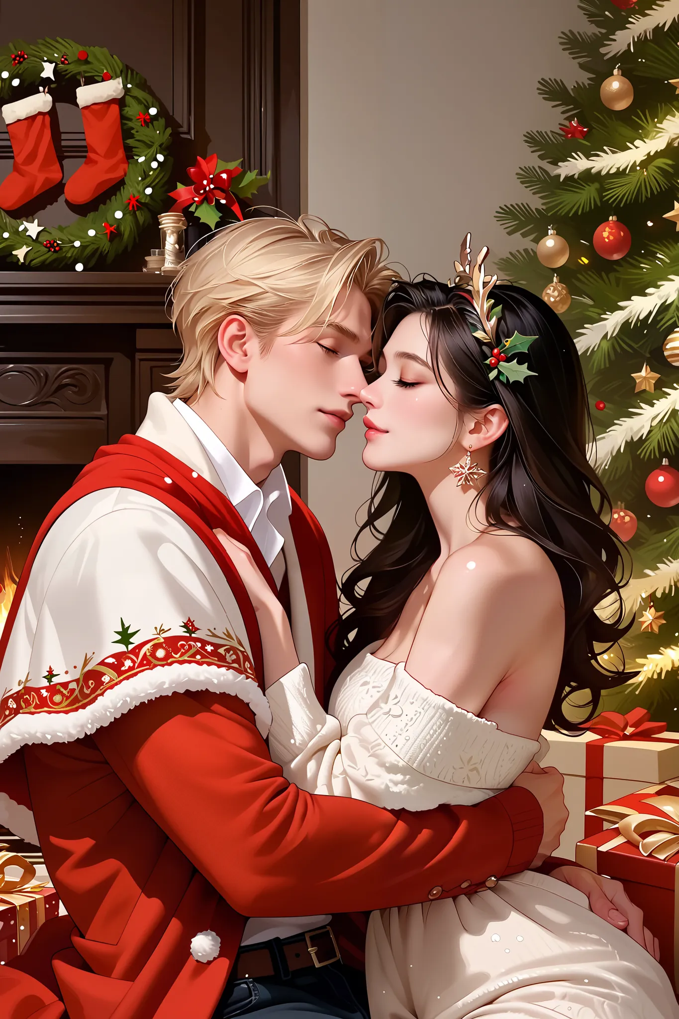 romantic atmosphere ,  very detailed,  portrait, ​masterpiece, sharp focus,  official art , christmas, couple, man and woman, sf...