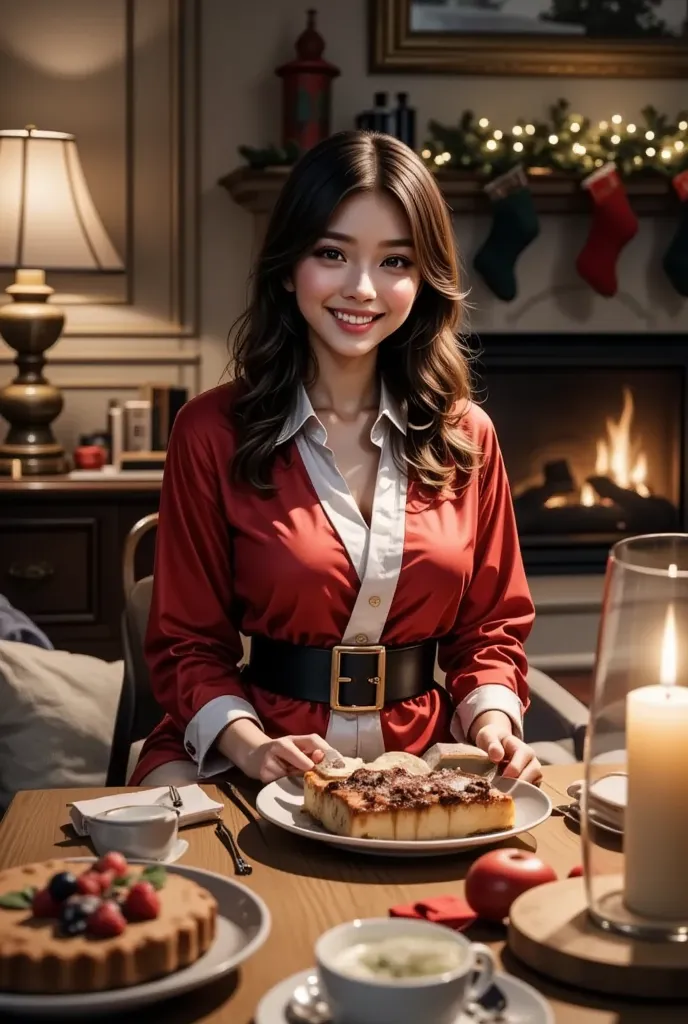 one woman、 mini santa costume、smile、 living room、sit in front of the fireplace、 christmas night、meals and cake preparations are ...