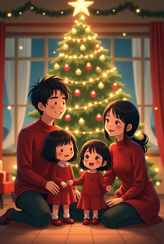 a family of five ,1  another big girl and a boy all with black hair ,same christmas outfit and neat a christmas tree