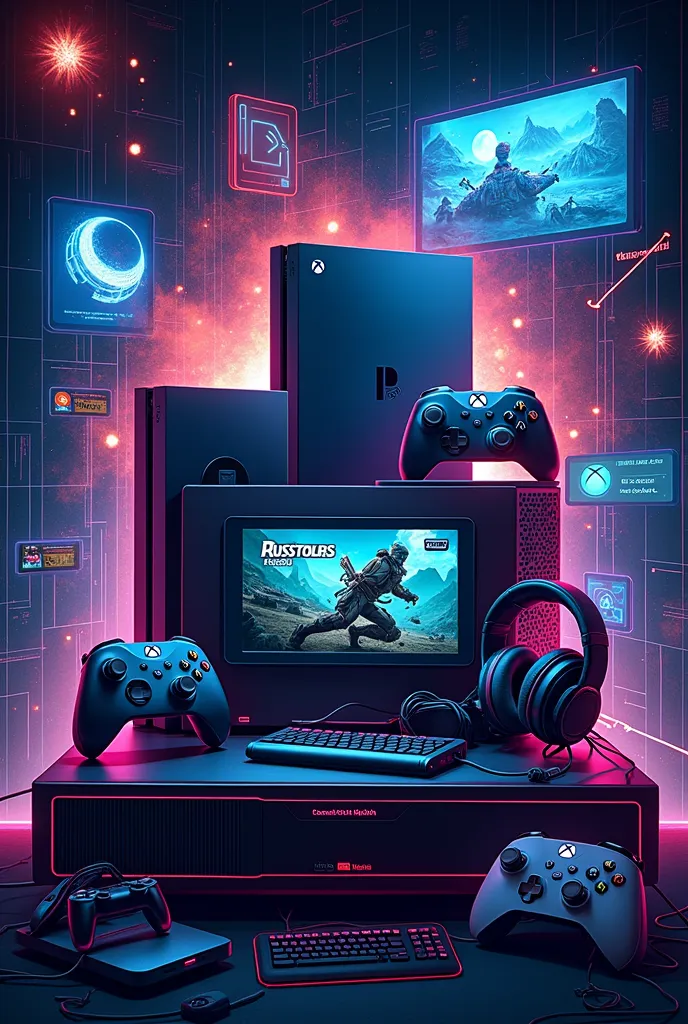 "design a vibrant and eye-catching banner or poster to showcase the ultimate gaming experience. feature the playstation, xbox, a...