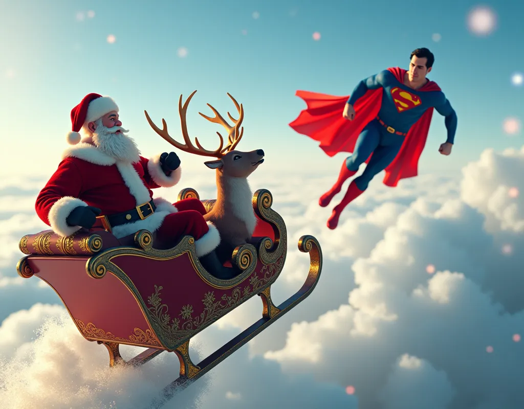 santa claus, who drives a sleigh drawn by a reindeer at super speed that exceeds the speed of sound, overtakes superman who flie...