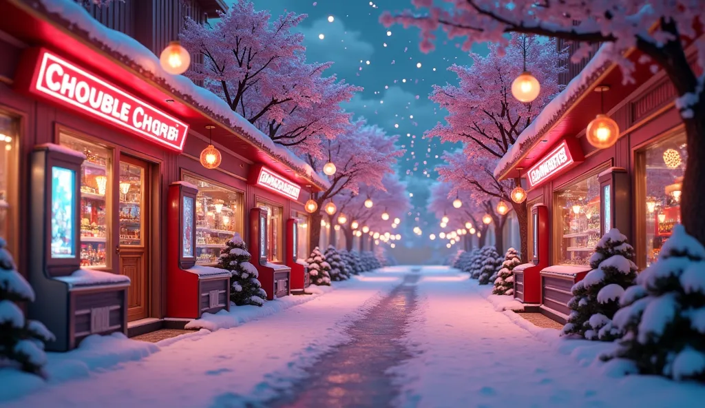 3d rendering style. the camera focus in arcades game center. snowy city scape is decorated with fairy lights, ornaments, christm...