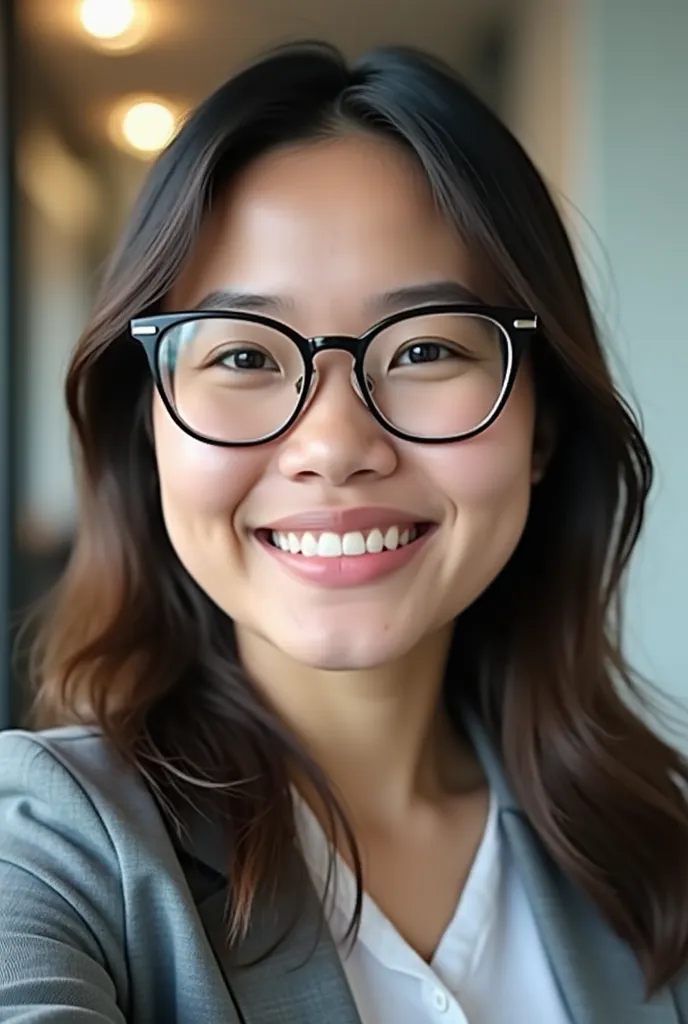 create a realistic friendly close up iphone camera quality selfie picture of a business philippines young business lady on a bus...