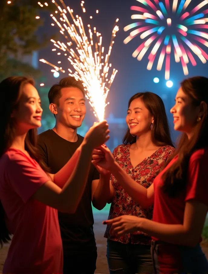 two handsome indonesian men with clean and clear faces ,  is 25 years old,  holding a firework together with six beautiful indon...