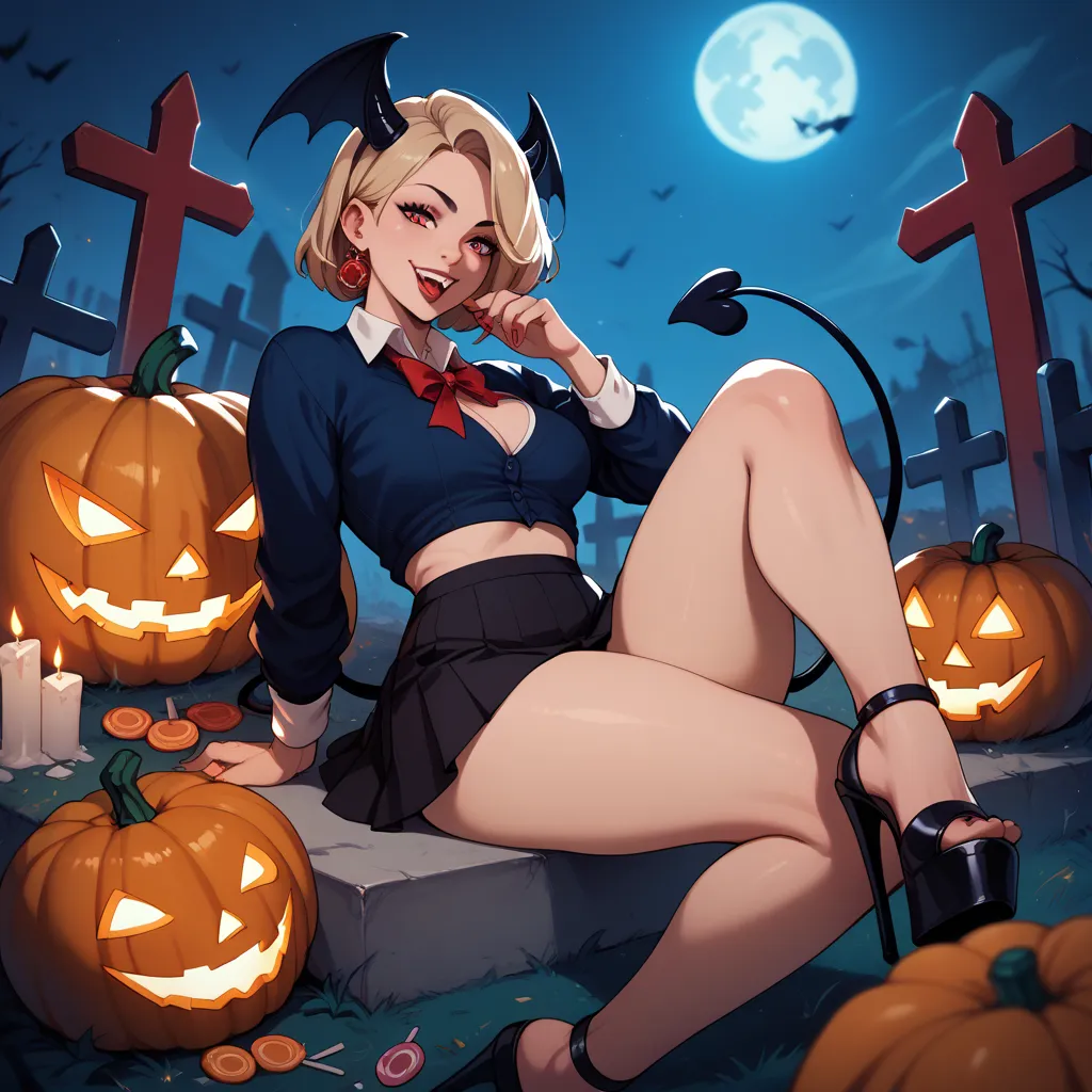 girl in short skirt, neckline, platform heels and devil's tail asking for candy at midnight in a cemetery,  sitting on a pumpkin