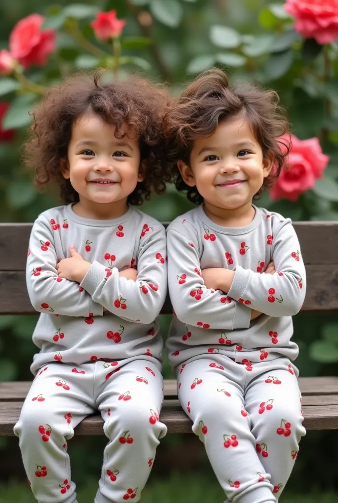 twins wearing a light brown baby perm , , two asian boys , adorable appearance, the boy sitting on the left is smiling pleasantl...