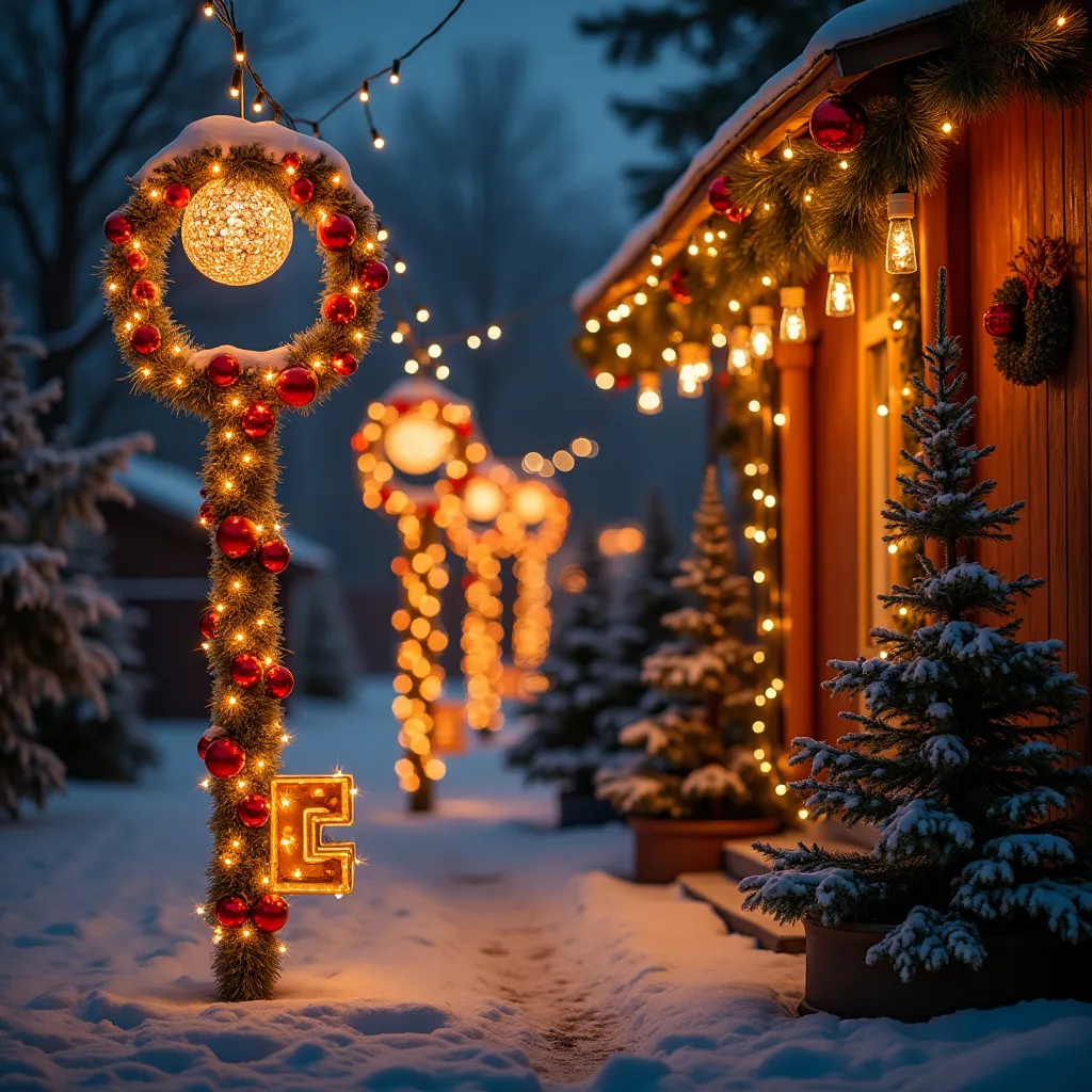 electric poles:  adorned with lights and christmas balls , pine and inside the wall, showing large key in the foreground