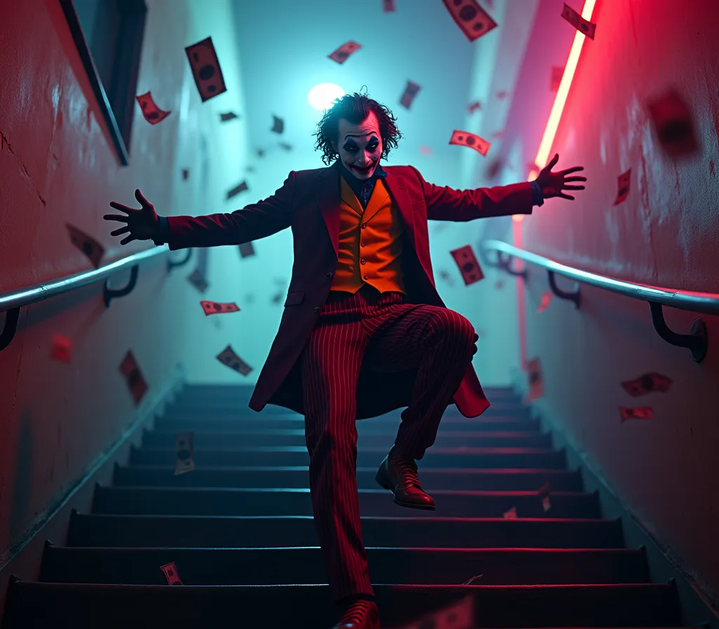 a joker dancing on stairs , money falling from the sky,  cinematic camera angle, dramatic lighting, colorful neon lights,  very ...