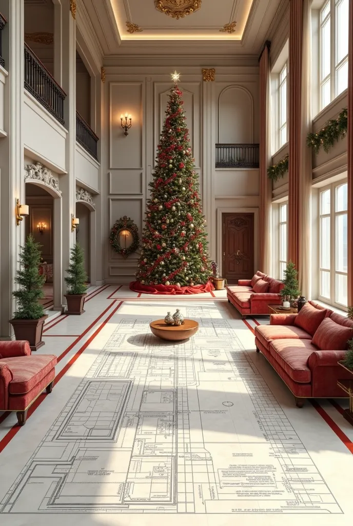 3d intérieur d'un grand salon décoré pour noël fait par un architecte d'intérieur en mettant des mesures entre les meubles 
et l...