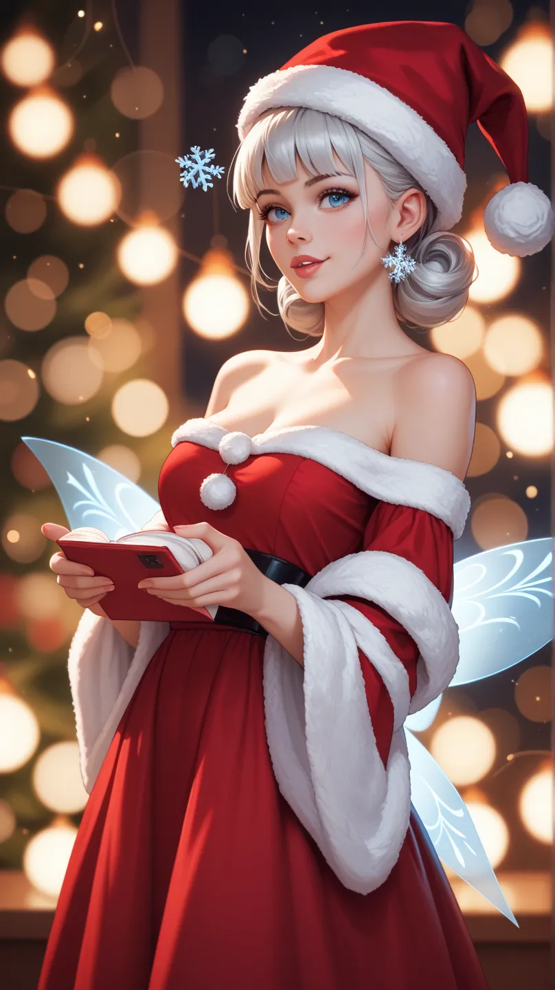 santy girl, red dress, christmas hat, holding glowing fairy lights wrapped around her hands. her off-shoulder velvet dress accen...