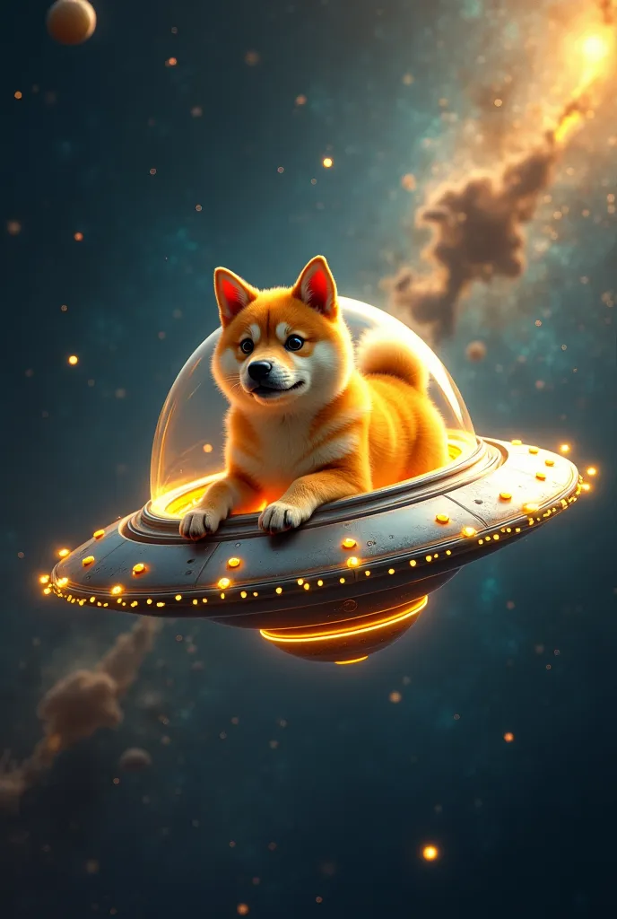 a dogecoin dog flying through space in a ufo