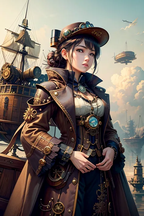 steampunk 。 of the highest quality。 masterpiece fails。detailed details。one woman。 steampunk traveler。 looks at airships flying o...