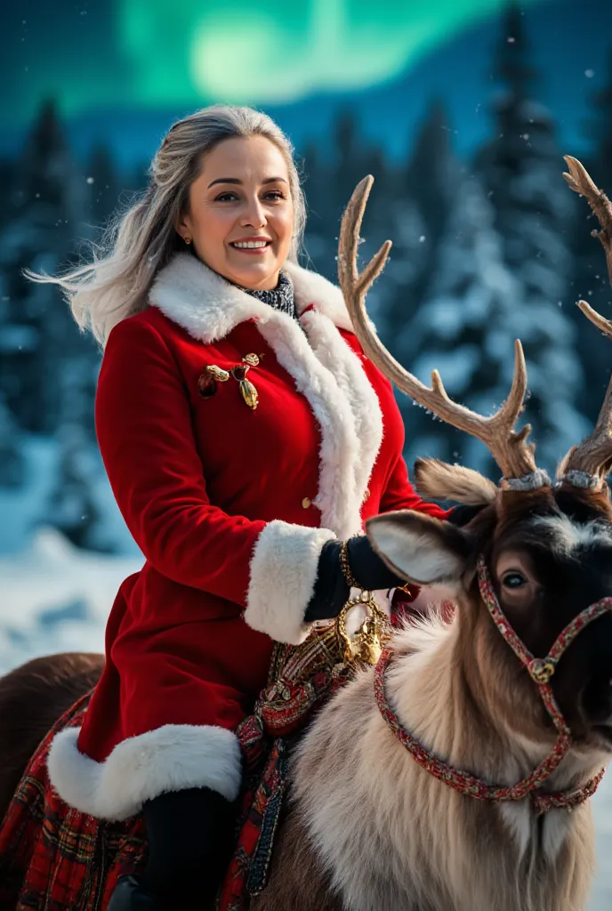 a 60-year-old woman dressed as santa claus riding a reindeer in a snowy winter landscape. she wears a feminine version of a sant...