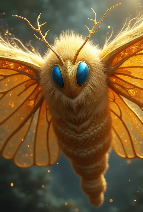 giant gold-colored magic moth with blue eyes