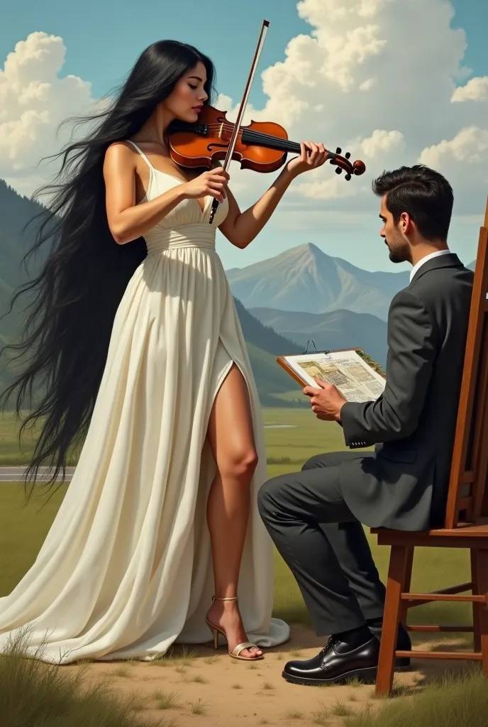 create a woman playing the violin with long black hair ,  with large hips wearing a white dress up to the thigh of her leg and a...