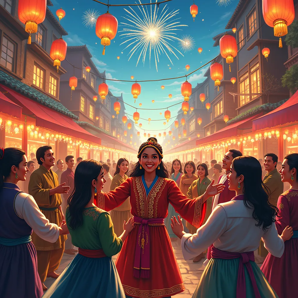 a colorful, lively scene showcasing cultural holiday celebrations from different parts of the world. fireworks, glowing lanterns...