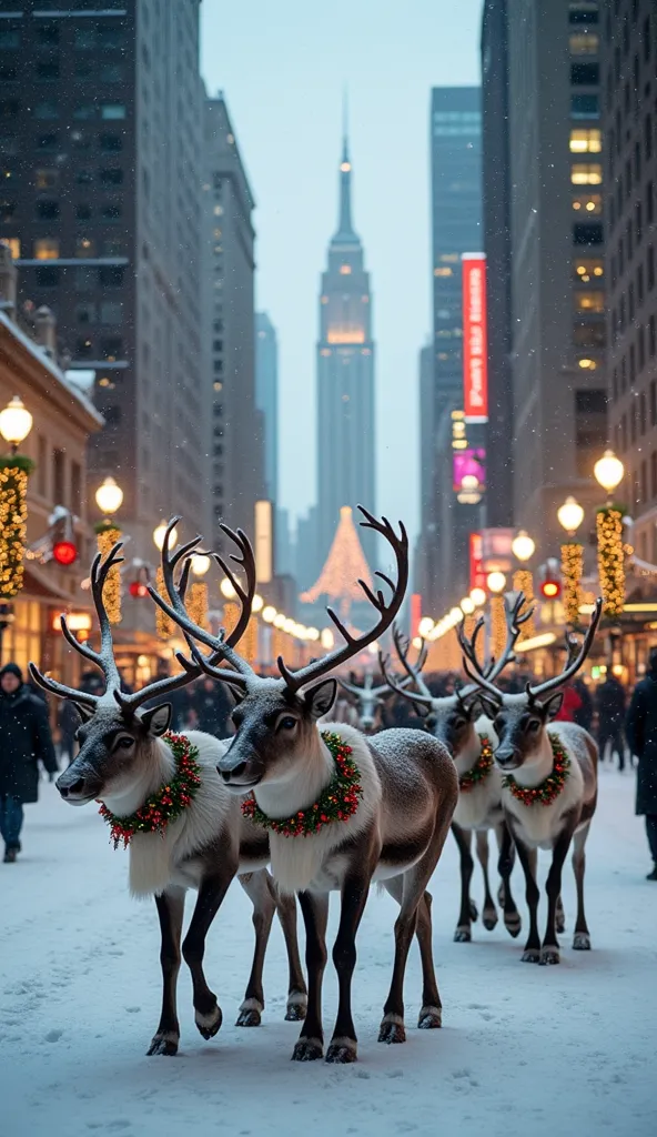 "a magical christmas scene in the heart of new york city, where several majestic reindeer are walking gracefully down the snowy ...