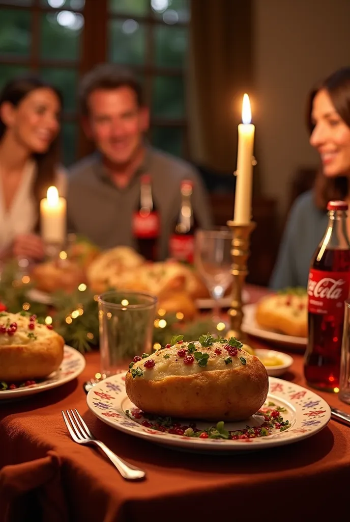 christmas dinner table, stuffed potatoes (central product), chicken, coke, brown and orange contrast colors