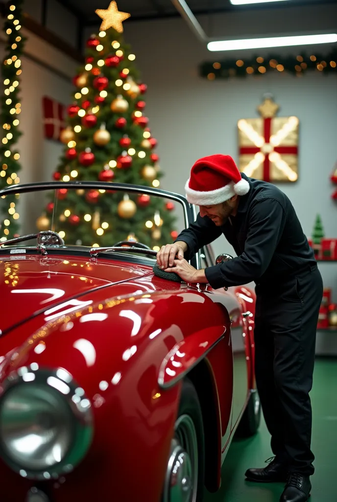 a christmas scene involving a plating workshop ,  with details that represent the restoration of vehicles .  the setting include...