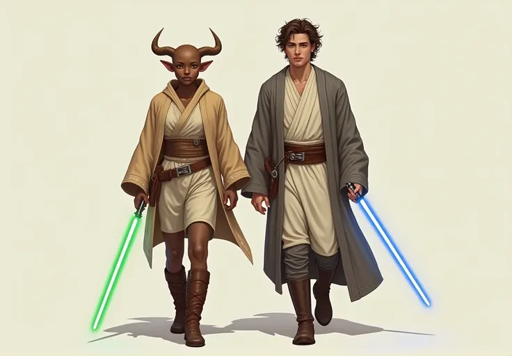 2 characters, 62 year old zabrak female jedi master, slighty chubby curvy body, dark brown skin, amber eyes, no hair small horns...