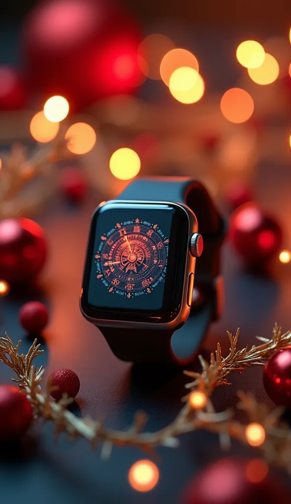 realistic cinematic frame of a smartwatch placed on a dark surface decorated with small gold garlands and red spheres. the watch...