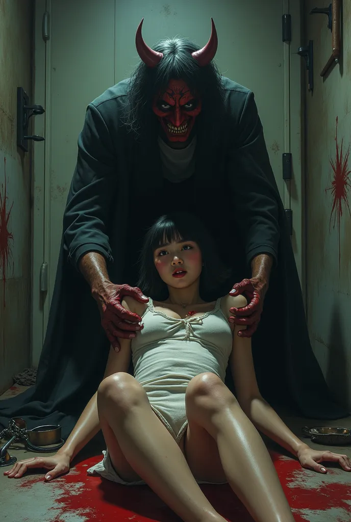 a torture room decorated with torture instruments、 beautiful japanese girl 、(a villain wearing a devil mask attacks a woman)、(hu...