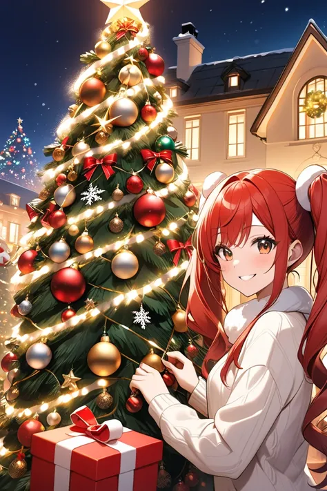 one girl with red hair and twin tails 、 1girl with ultraチビ red hair and twin tails are decorating the christmas tree、luxury home...