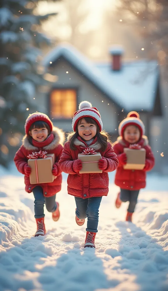 to photograph realistic style pictures ，christmas happy and peaceful scene and environment， group of asian kids running cheerful...