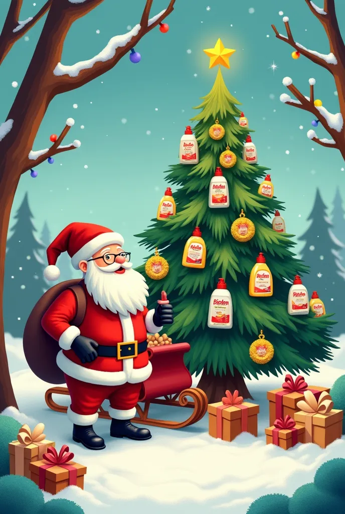 create an image of a christmas tree with some cleaning products with the name biolimp hanging, next to a santa claus next to the...