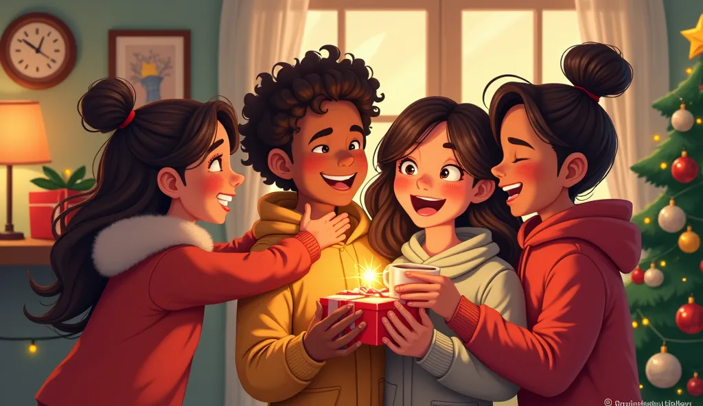 a scene showing people hugging, sharing gifts, and spreading love in a warmly lit festive setting. cartoon