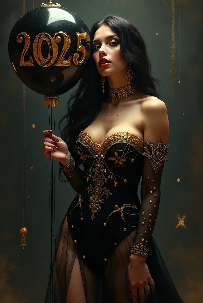 sexy woman dressed in black and gold with the numbers in a balloon 2025