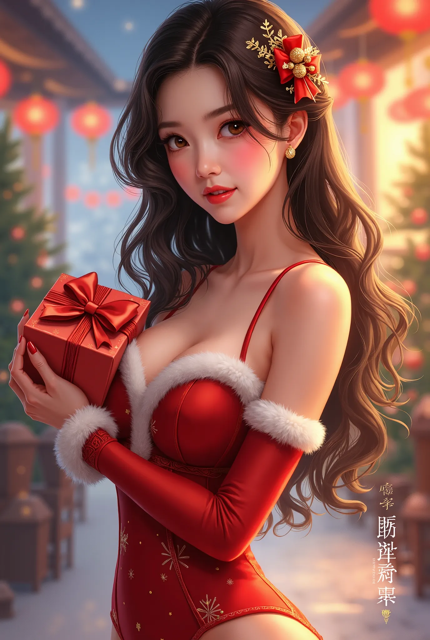 ！ illustration taiwanese beauty wearing sexy christmas clothes holding a gift。bottom right corner writing ： 736 hardware wish yo...