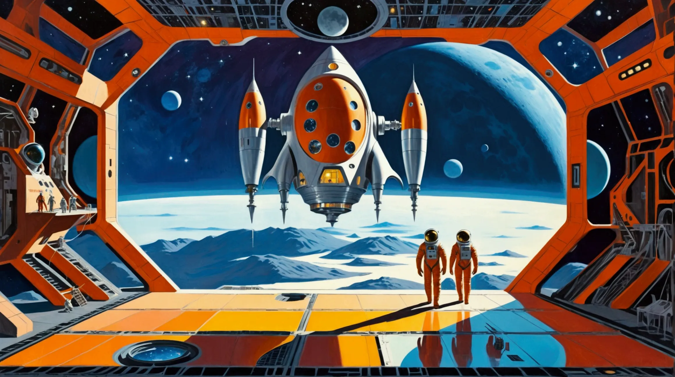 a large space ship standing in the ground, space scientists in advanced space suits walking from the deck to ground, background ...