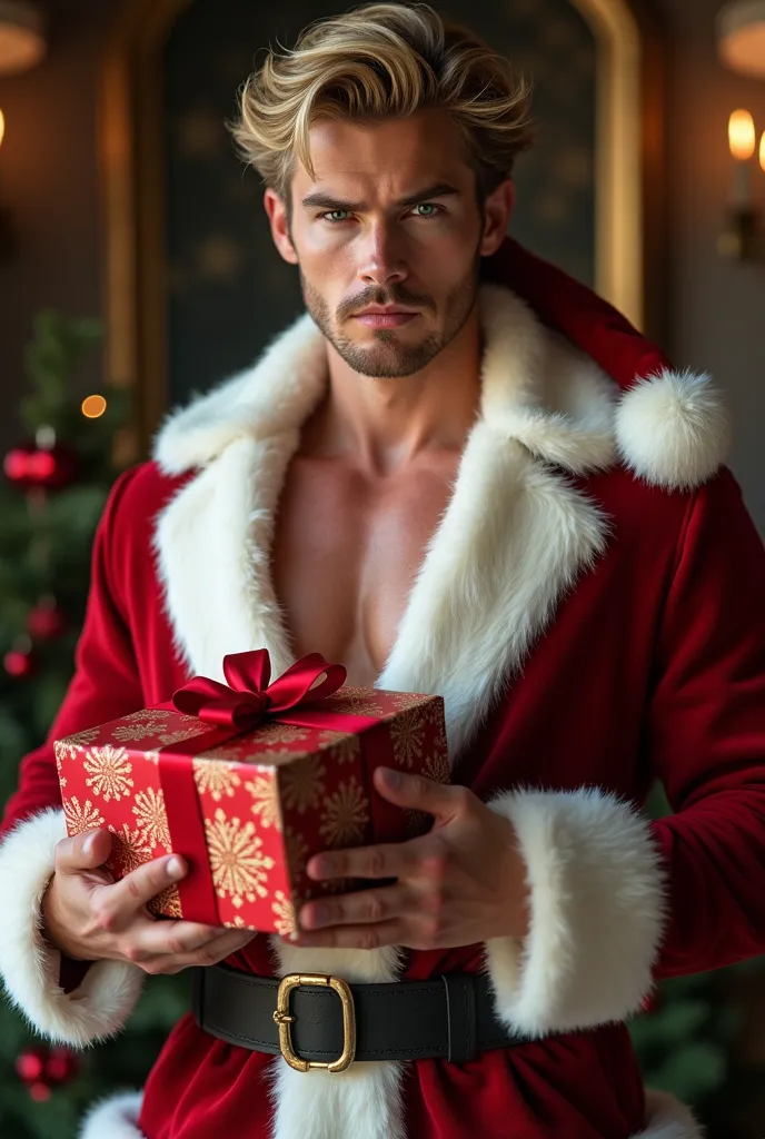 sexy blonde man model in santa outfit holding gift