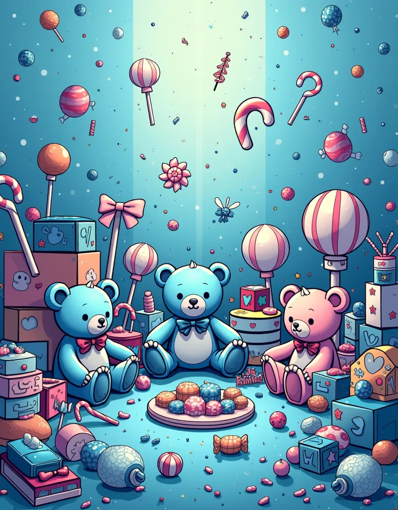 a colorful comic-style illustration featuring lots of ren's toys, including teddy bears, dolls, cars, and building blocks, but w...