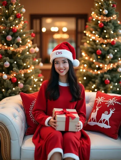 a beautiful 25-year-old indonesian woman ,  t-shirt, clean-faced and clear , wearing a red santa clause dress ,  wears a christm...