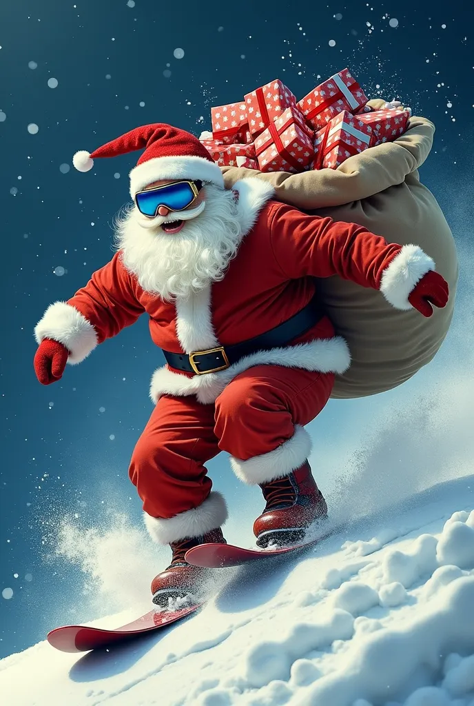 the image is of santa claus snowboarding in the snow. he is wearing his traditional red suit with white fur trim and a black bel...