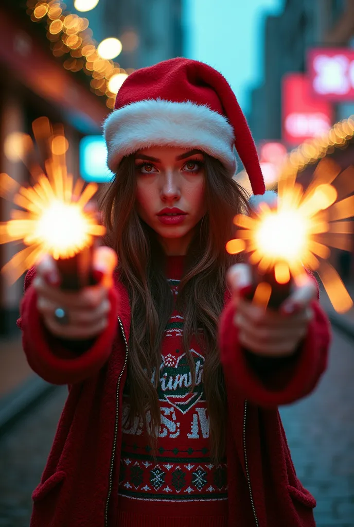 real photo,  masterpiece. young woman,  christmas hat , modern hip hop clothing ,  christmas sweater .  she is in the middle of ...