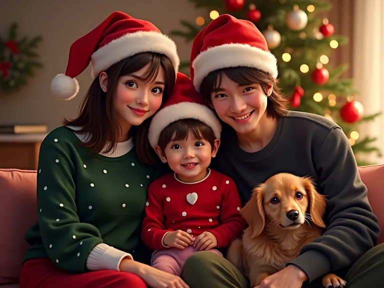 family christmas photo , three people:  a young mom with dark hair ,  next to her back is hugged by a sweet young man, a 27-year...