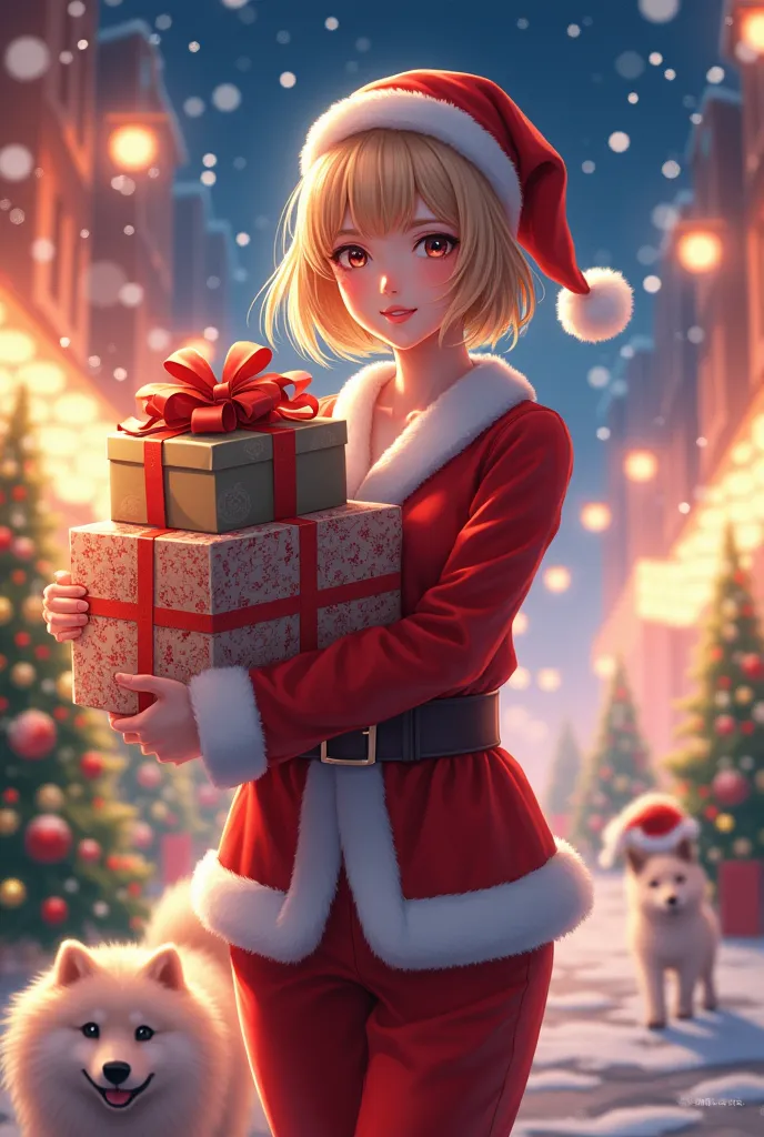 japanese actress and beautiful woman cosplaying as santa claus(blonde bob cut hair) holding presents 　the cityscape is sparkling...