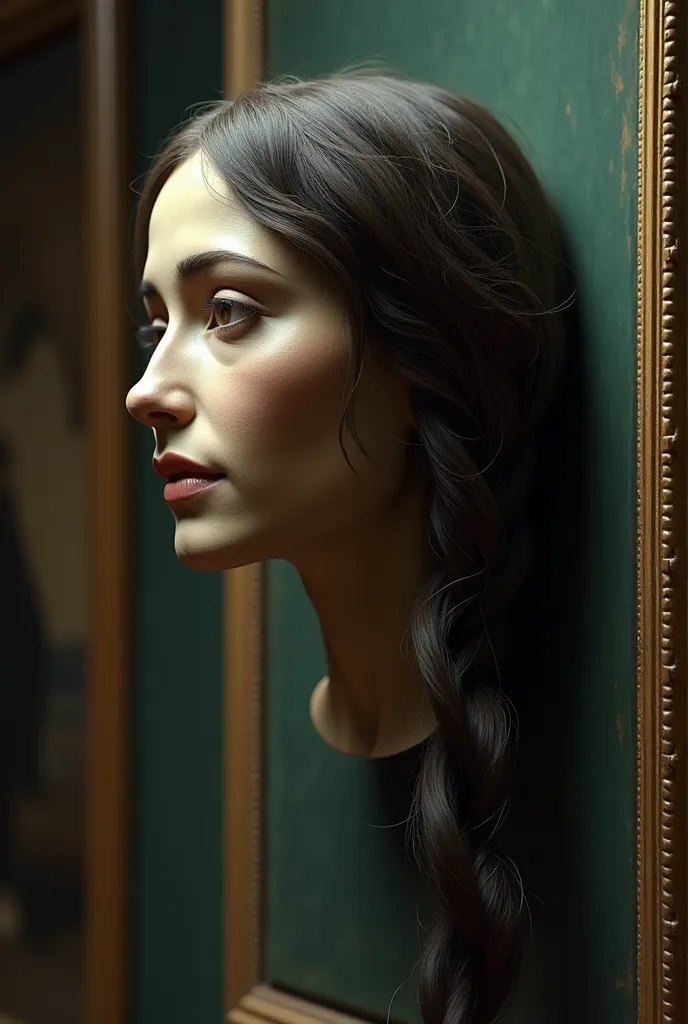 a piece of the head of a beautiful, long-haired latin woman hangs with a plaque on the museum wall as an antique, side view