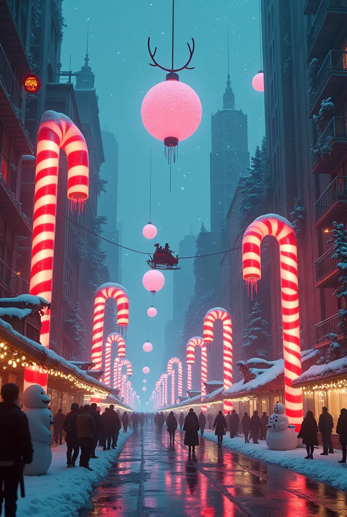 a futuristic christmas cityscape where neon lights reflect on wet streets, flying sleighs pulled by holographic reindeer navigat...