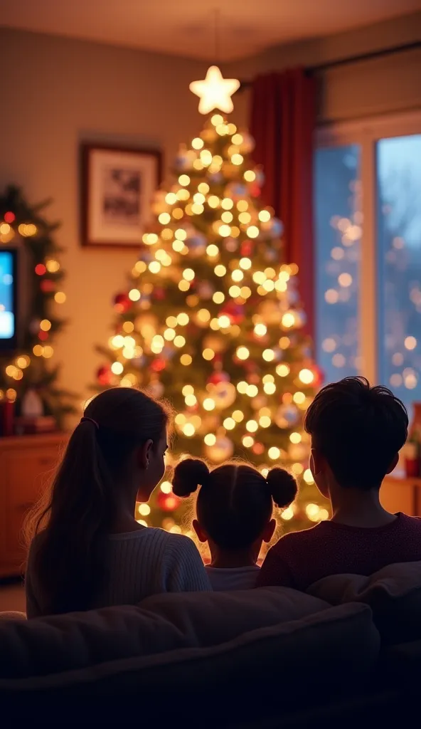 merry christmas instagram story , christmas tree and lights . happy family sits with their backs watching tv