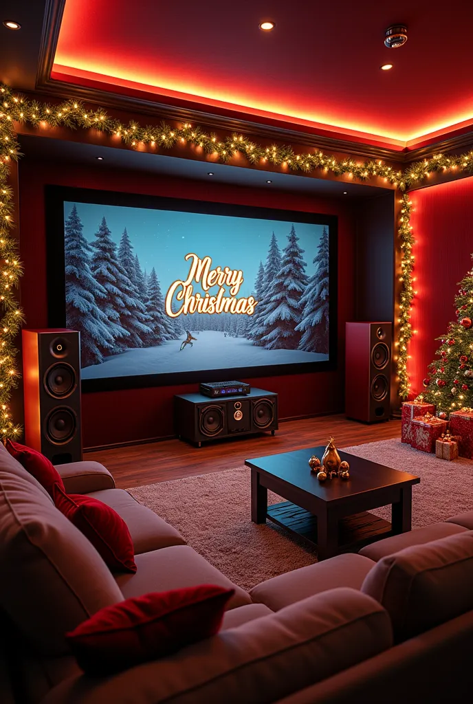 a luxurious home theater setup with christmas theme there should be tower speakers center speaker and a subwoofer and a amplifie...