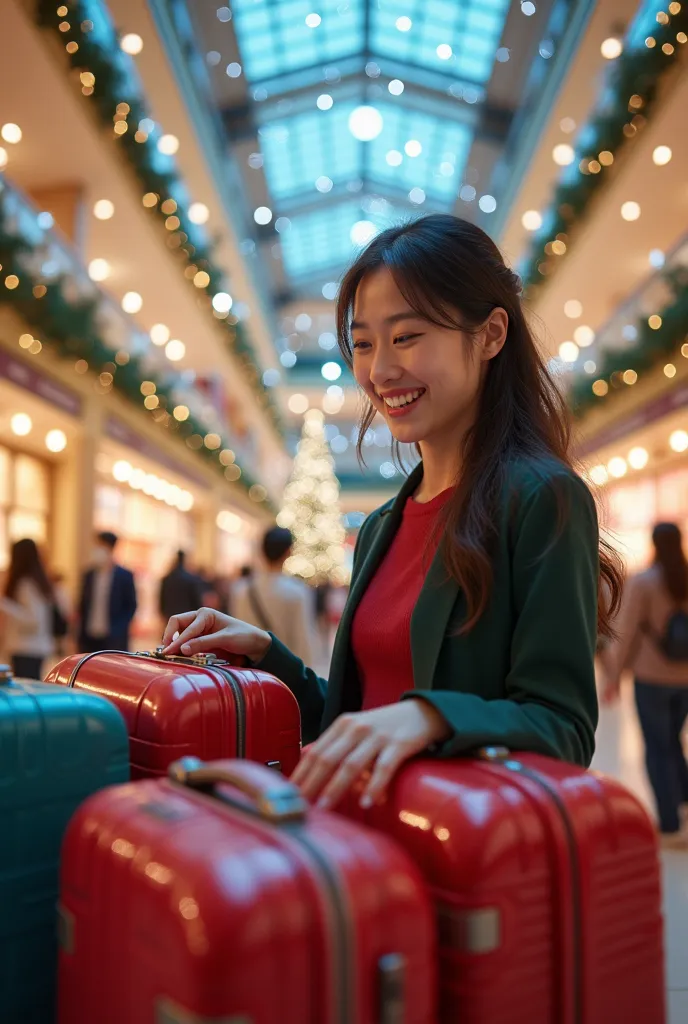 a scene where a female asian customer in a shopping mall selects various suitcases at a promotional event on the first floor of ...