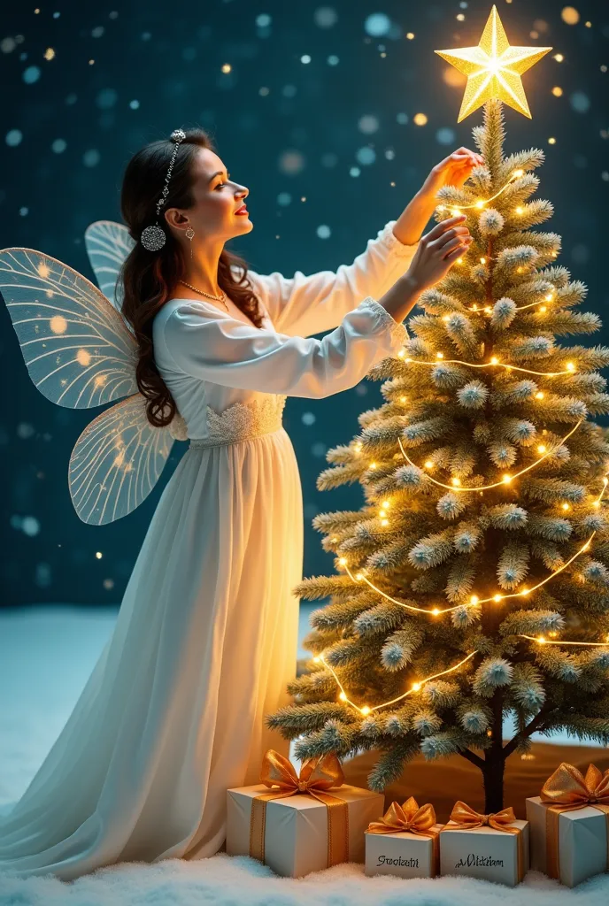 lady dressed in white like a magic fairy ,   placing a radiant and vibrant gold christmas star on the tip of a beautiful christm...