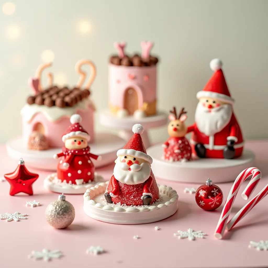 christmas cakes with adorable characters,
 santa claus ,  reindeer,  snowman,  cute designs, red and white,  candy canes ,  choc...