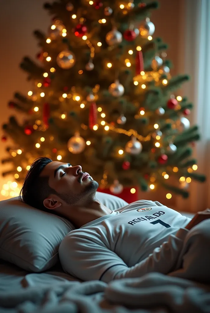 ronaldo sleeping on her bed at side christmas tree full of lightings, ronaldo in real madrid jersey number 7